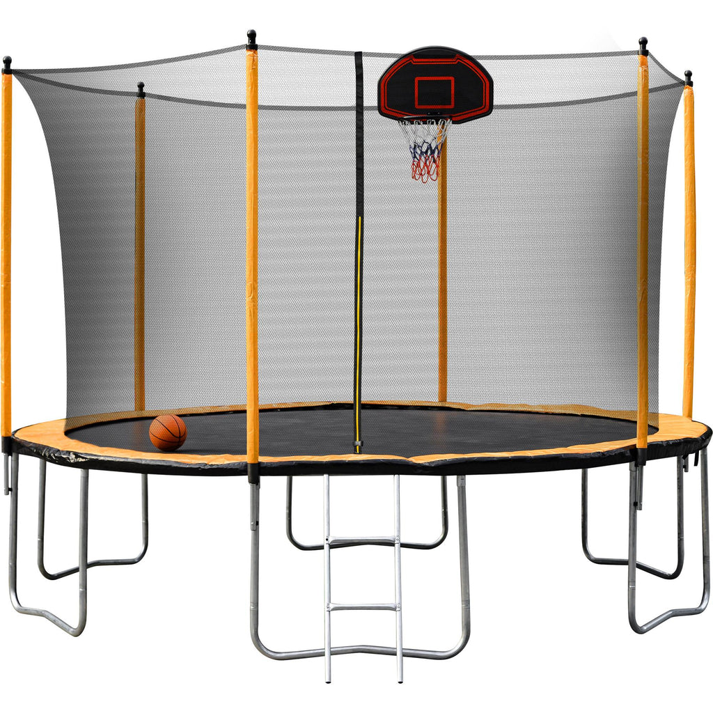 RONSHIN 12Ft Trampoline With Basketball Hoop Inflator And Ladder(Inner Safety Enclosure) Orange