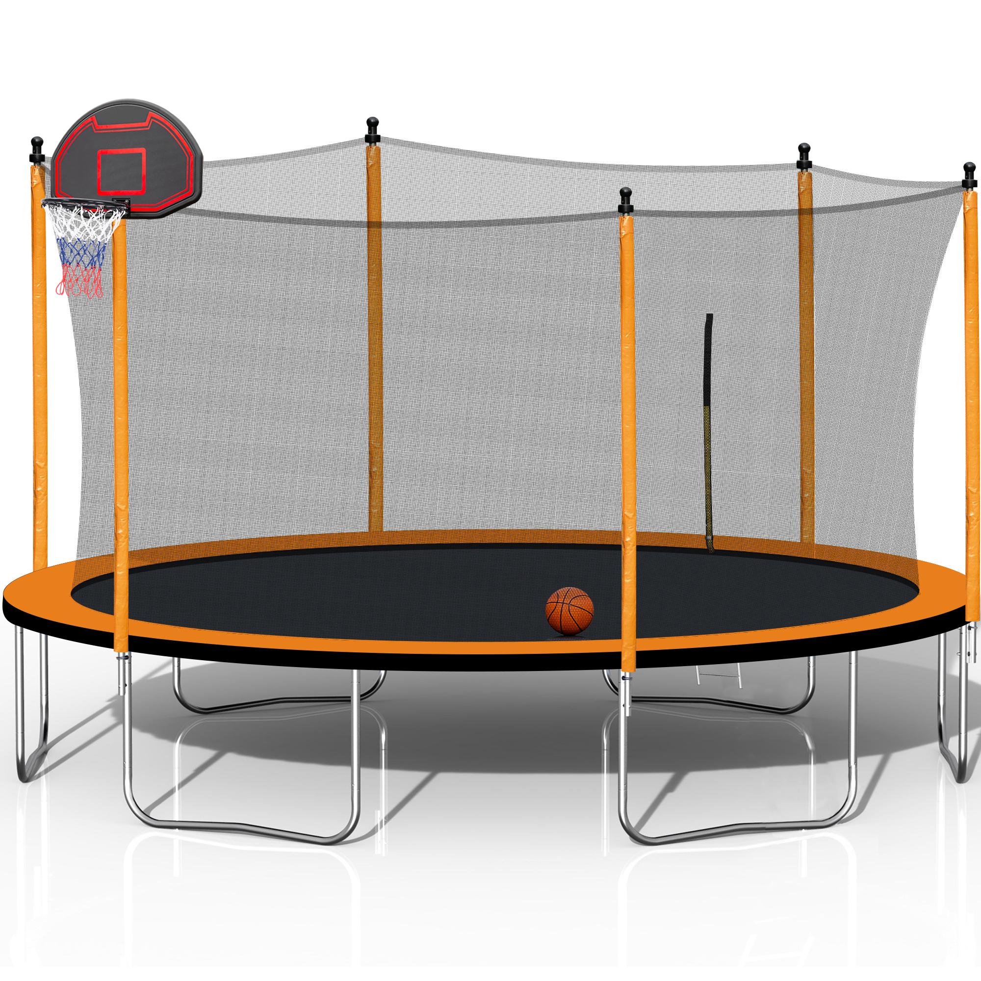 12Ft Trampoline With Basketball Hoop Inflator And Ladder(Inner Safety Enclosure) Orange