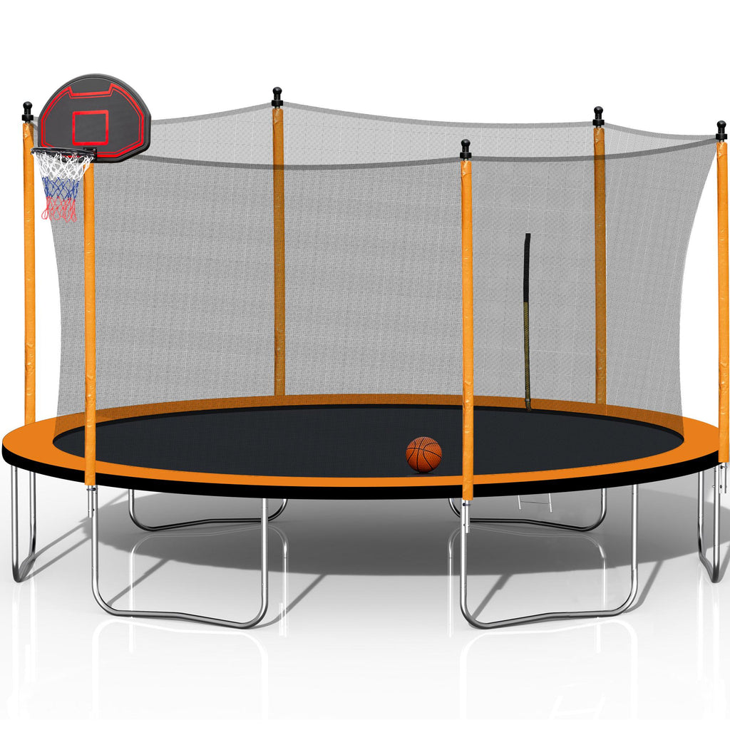 RONSHIN 12Ft Trampoline With Basketball Hoop Inflator And Ladder(Inner Safety Enclosure) Orange