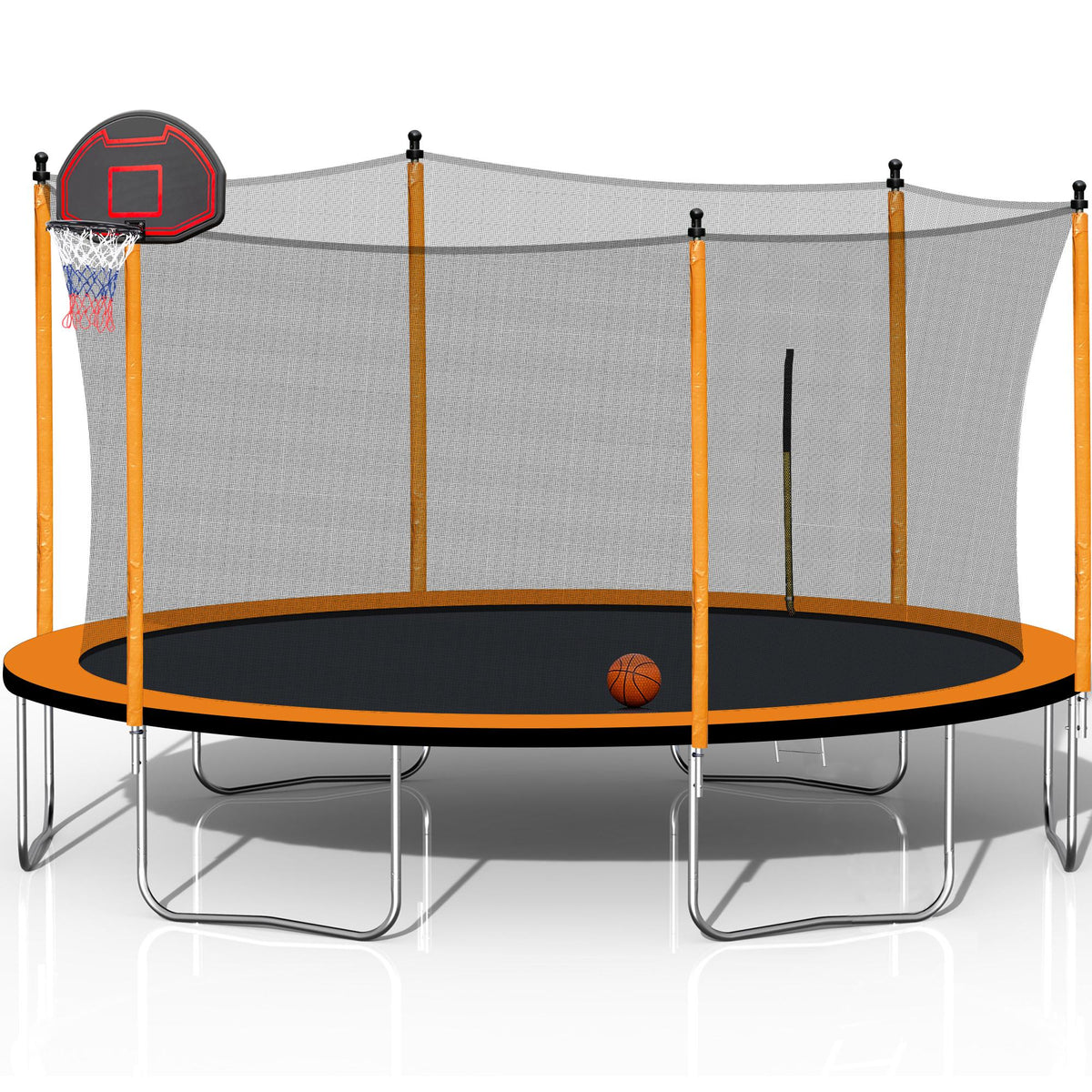 RONSHIN 12Ft Trampoline With Basketball Hoop Inflator And Ladder(Inner Safety Enclosure) Orange