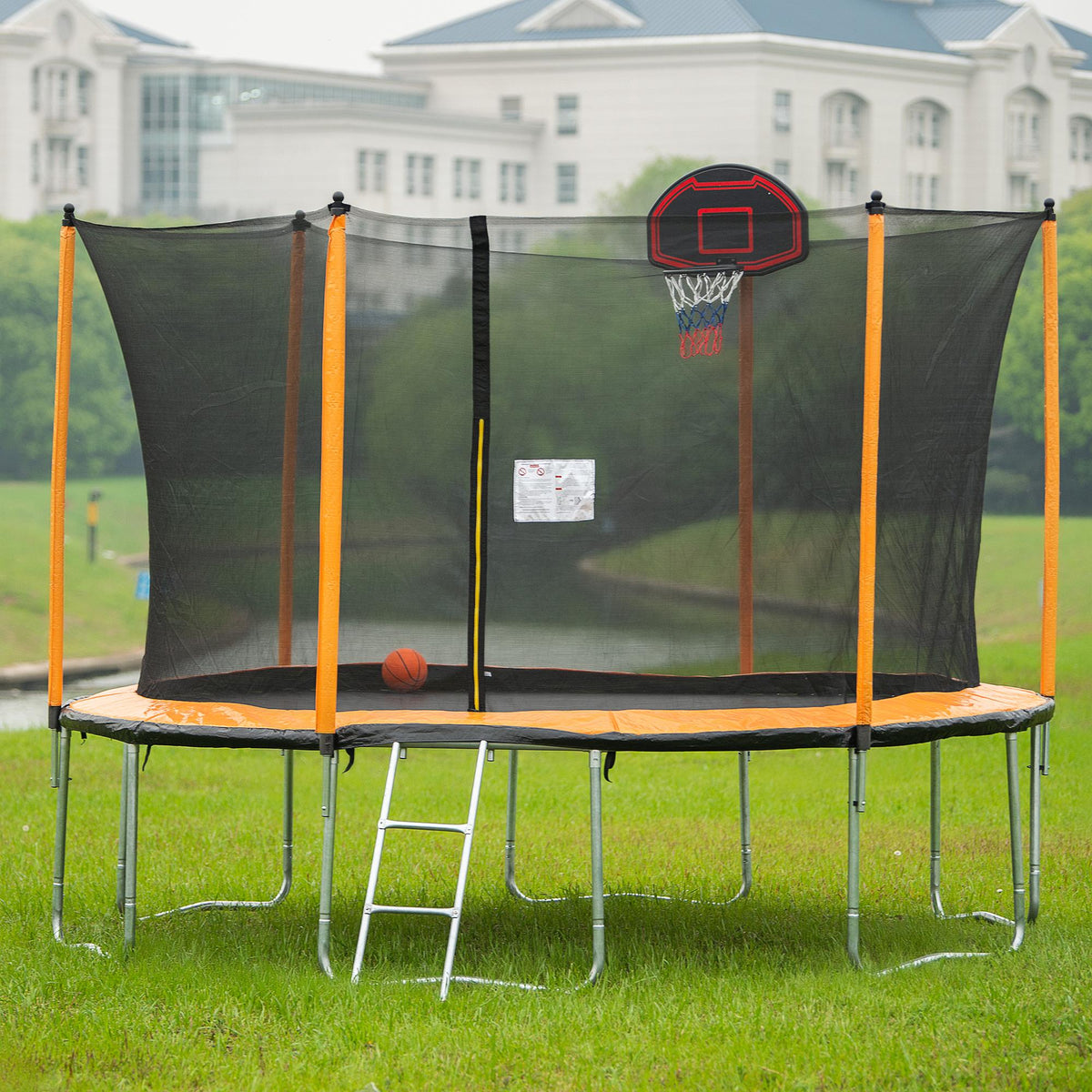 RONSHIN 12Ft Trampoline With Basketball Hoop Inflator And Ladder(Inner Safety Enclosure) Orange