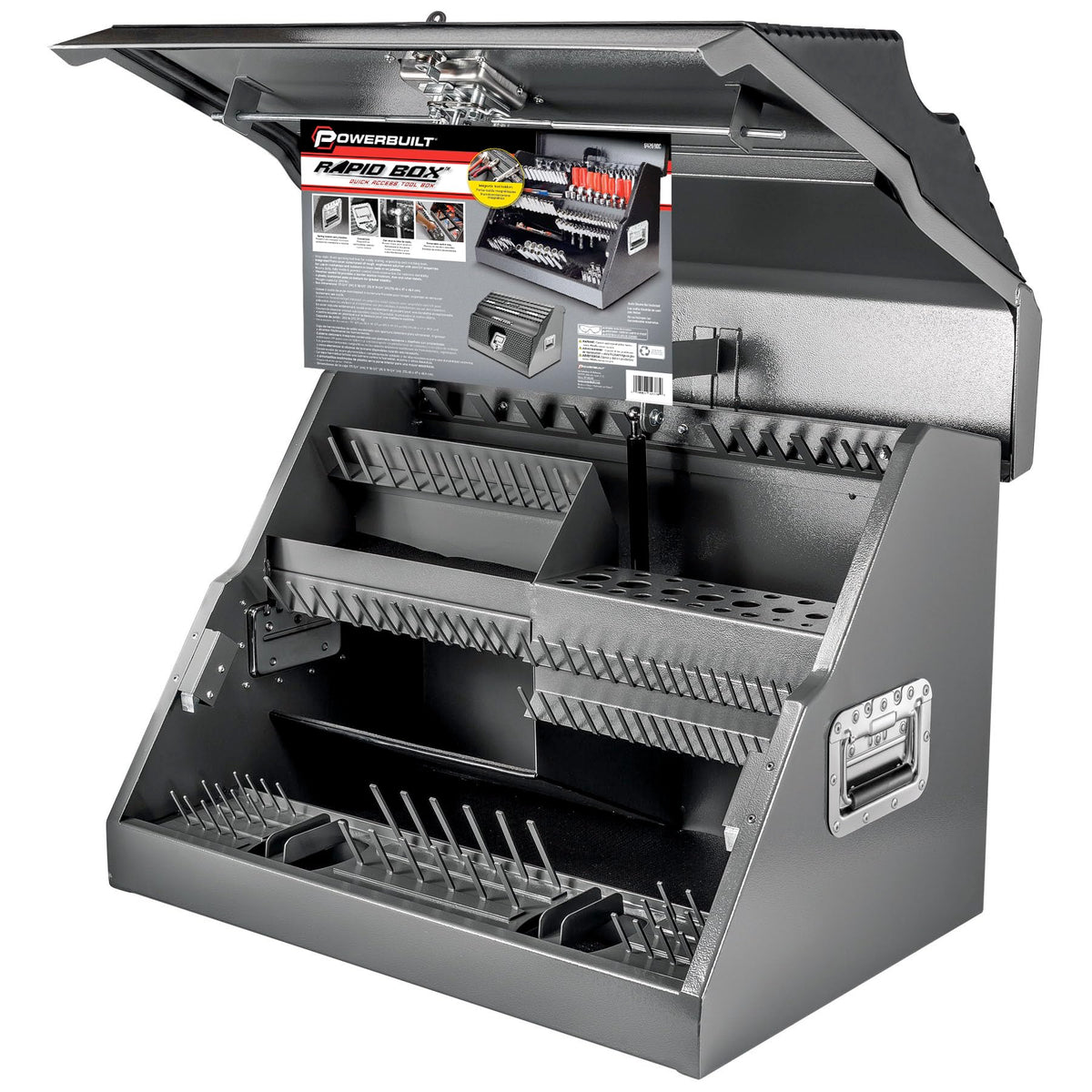26 Inch Portable Slant Front Rapid Toolbox Tiered Tool Holders, 16 GauSteel, Weather-Resistant Lockable Magnetic Lid, Grey - 240102