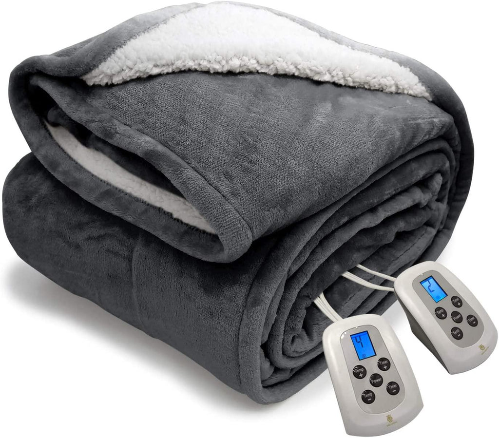 Queen Electric Blanket Sherpa and Reversible Flannel Washable Heated Comfortable Blanket with 10 Heat Settings/Safety 10 Hours Auto-Off Dual Controllers (84x90''Grey)