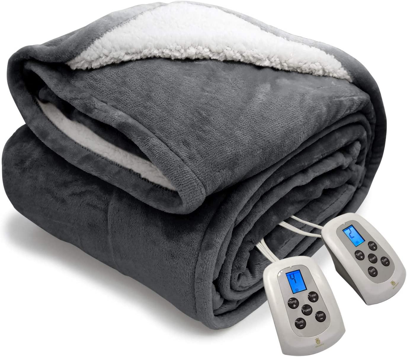 Queen Electric Blanket Sherpa and Reversible Flannel Washable Heated Comfortable Blanket with 10 Heat Settings/Safety 10 Hours Auto-Off Dual Controllers (84x90''Grey)