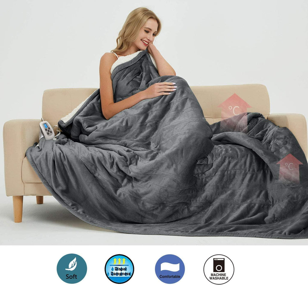 Queen Electric Blanket Sherpa and Reversible Flannel Washable Heated Comfortable Blanket with 10 Heat Settings/Safety 10 Hours Auto-Off Dual Controllers (84x90''Grey)