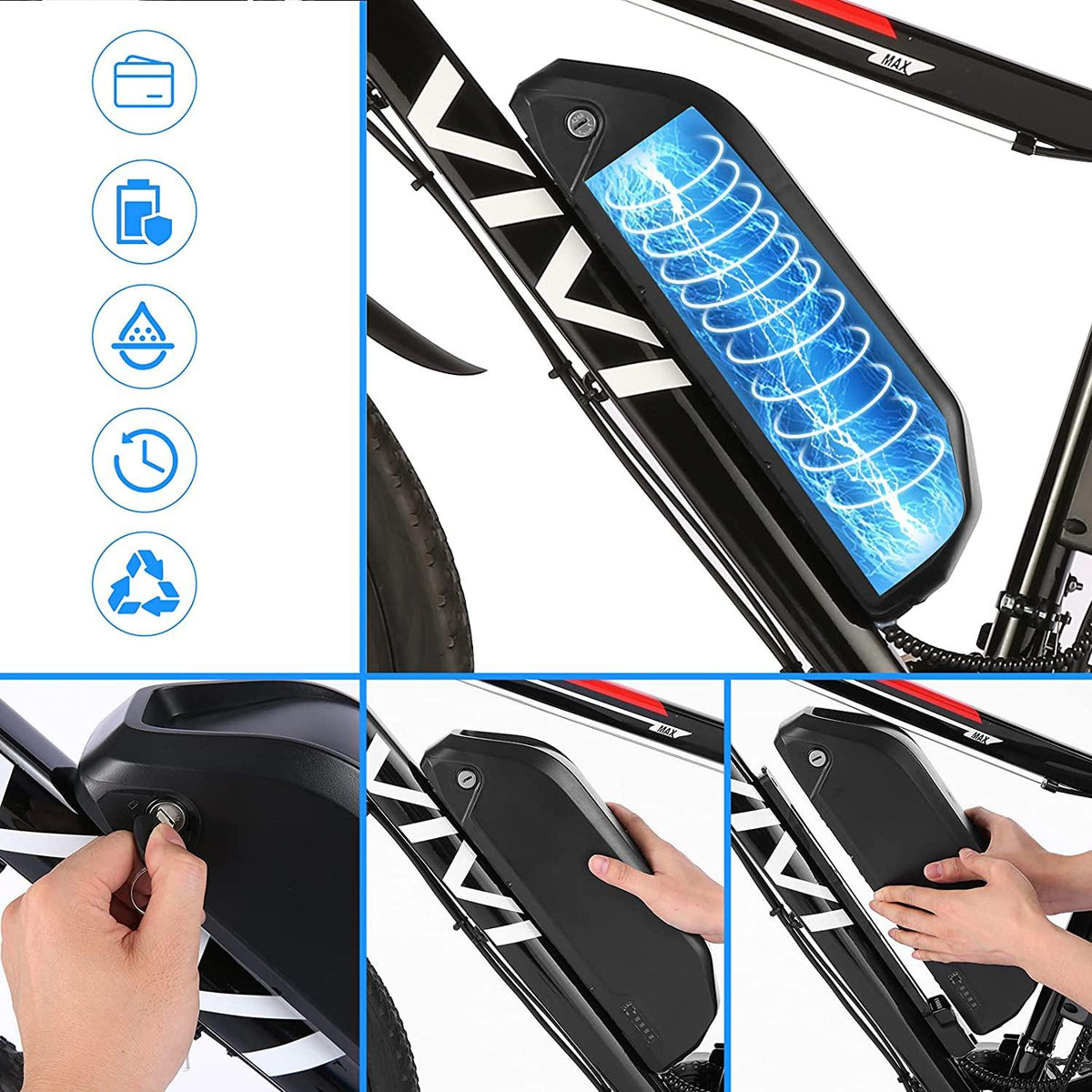 VIVI 350/500W Electric Mountain Bike 26" E-Bike 36/48V 8/12.5Ah Removable Battery E-Bike 32MPH 21 Speed Gears Adult E-Bike Commuter Bike