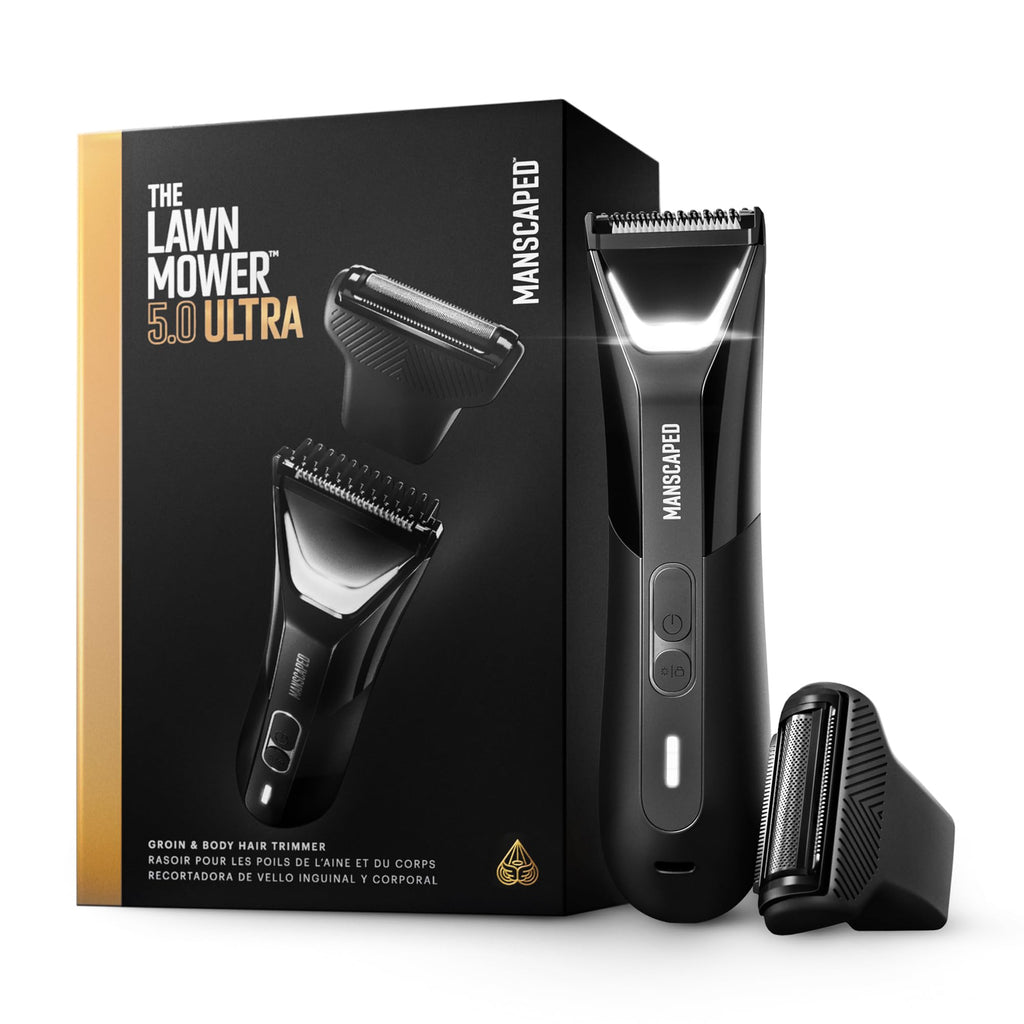 Lawn Mower5.0 Ultra Groin &amp; Body Hair Trimmer – Dual-Head SkinSafeTrimmer &amp; Foil Blades, Waterproof Wet/Dry Groomer, USB-C Rechargeable with Travel Case, Men’s Ball Shaver, Black