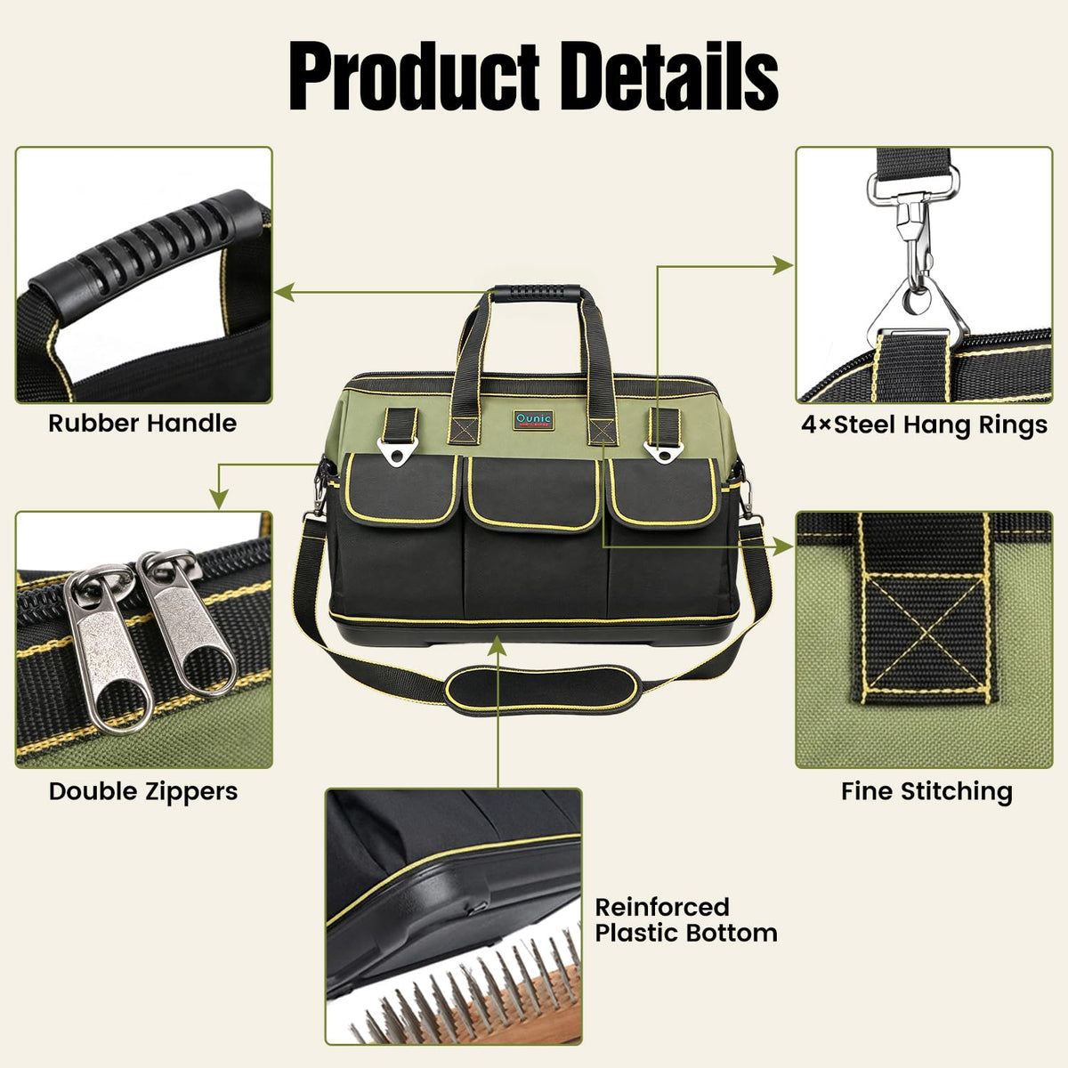 Tool Bag,  18 Inch LarTool Tote Bag Heavy Duty With Waterproof Molded Base, Wide Mouth Tool Box Organizer with Adjustable Shoulder Strap for Electrician Mechanic  Plumbers(Green)