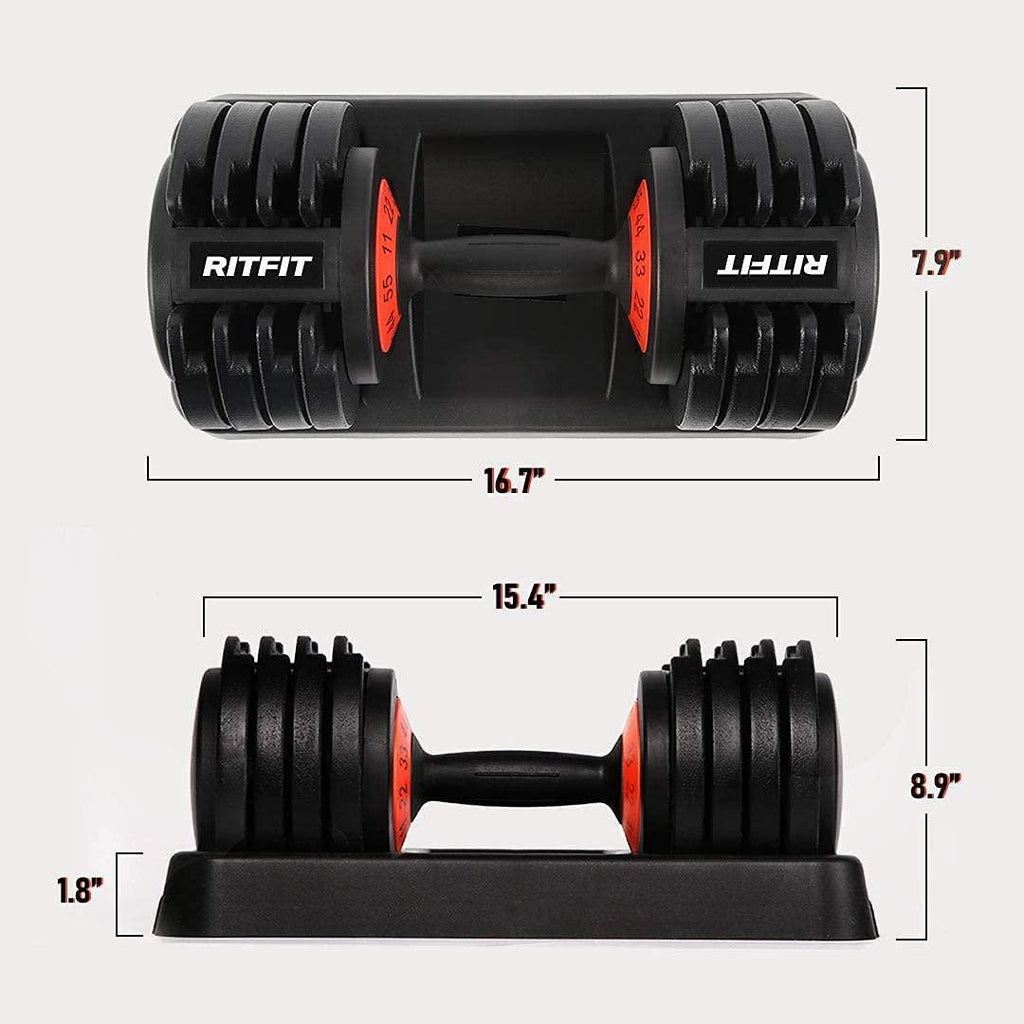 RitFit 11-55 lbs Adjustable Dumbbell for Strength Training, Fast Adjust Weight by Twisting Handle