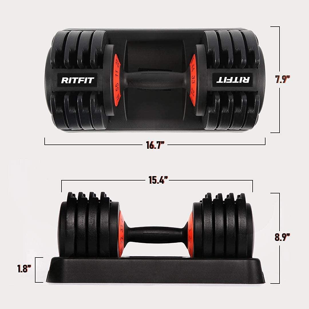 RitFit 11-55 lbs Adjustable Dumbbell for Strength Training, Fast Adjust Weight by Twisting Handle