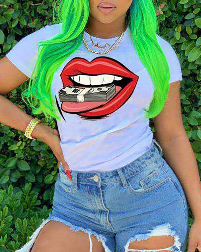 lip print short sleeve casual t-shirt