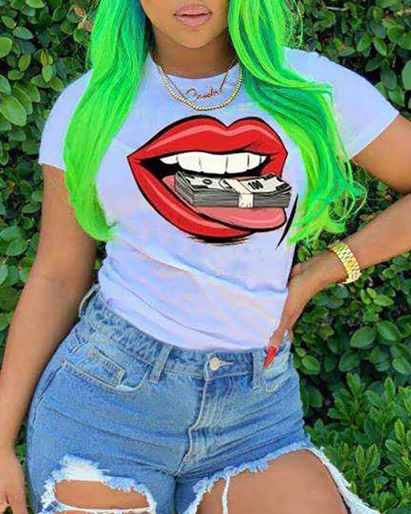 lip print short sleeve casual t-shirt