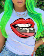 lip print short sleeve casual t-shirt