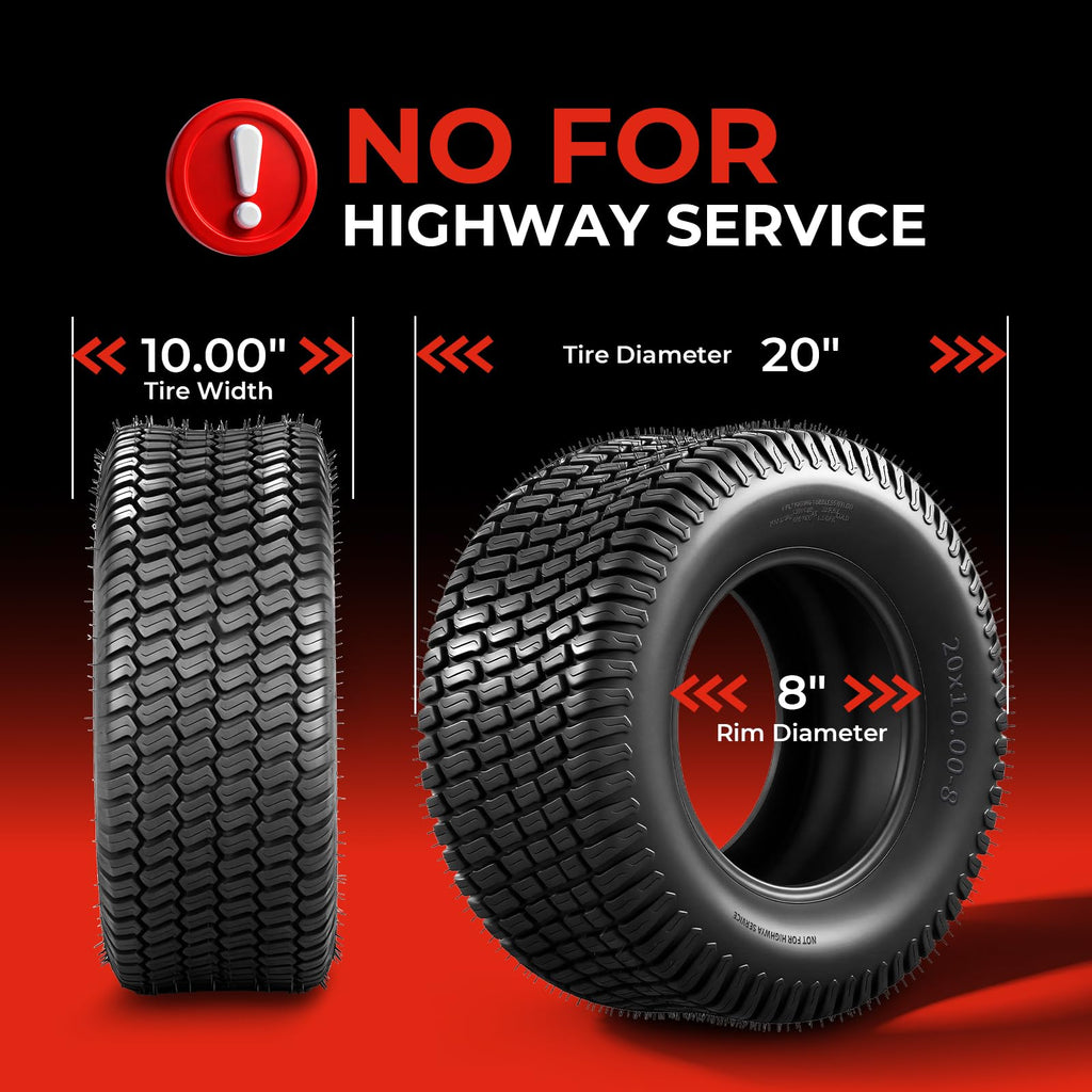 20x10.00-8 Lawn Mower Tires, 4 Ply Tubeless, Set of 2 | 20x10-8, 4PR, Turf-S Tread, Fits Riding Mowers, Lawn/Garden Tractors &amp; Golf Carts, Utility Vehicles, 2-Pack