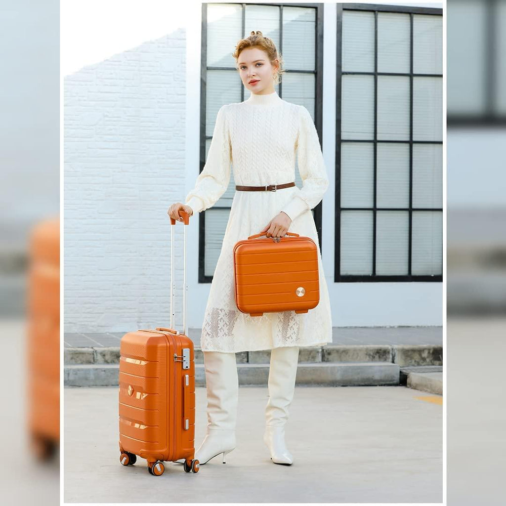 20IN Carry On Luggage and 14IN Mini Cosmetic Cases Travel Set Hardside Luggage with Spinner Wheels Lightweight Polypropylene Suitcase with TSA Lock (2-Piece Set (14/20), Sunset Orange)