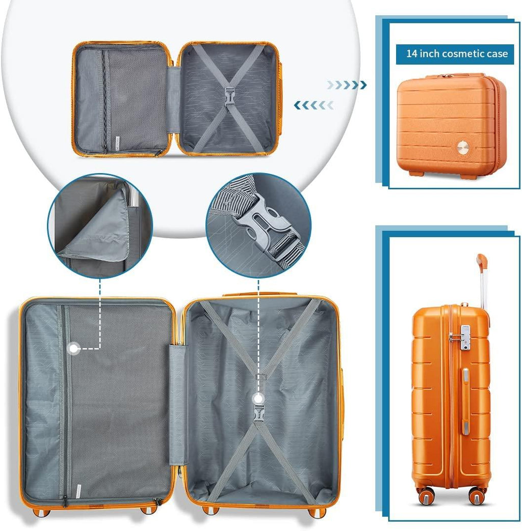 20IN Carry On Luggage and 14IN Mini Cosmetic Cases Travel Set Hardside Luggage with Spinner Wheels Lightweight Polypropylene Suitcase with TSA Lock (2-Piece Set (14/20), Sunset Orange)