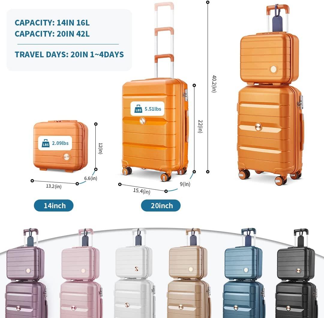 20IN Carry On Luggage and 14IN Mini Cosmetic Cases Travel Set Hardside Luggage with Spinner Wheels Lightweight Polypropylene Suitcase with TSA Lock (2-Piece Set (14/20), Sunset Orange)