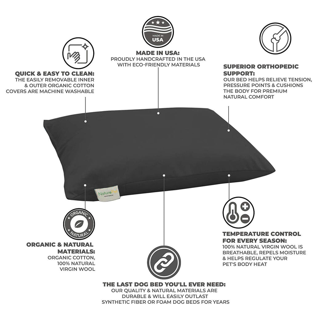 NaturoPet Natural Orthopedic Dog Bed, Premium Organic Cotton &amp; Virgin Wool Soft Cushion Pet Mattress Removable Washable Cover Indoor Durable Chew Resistant Made in USA