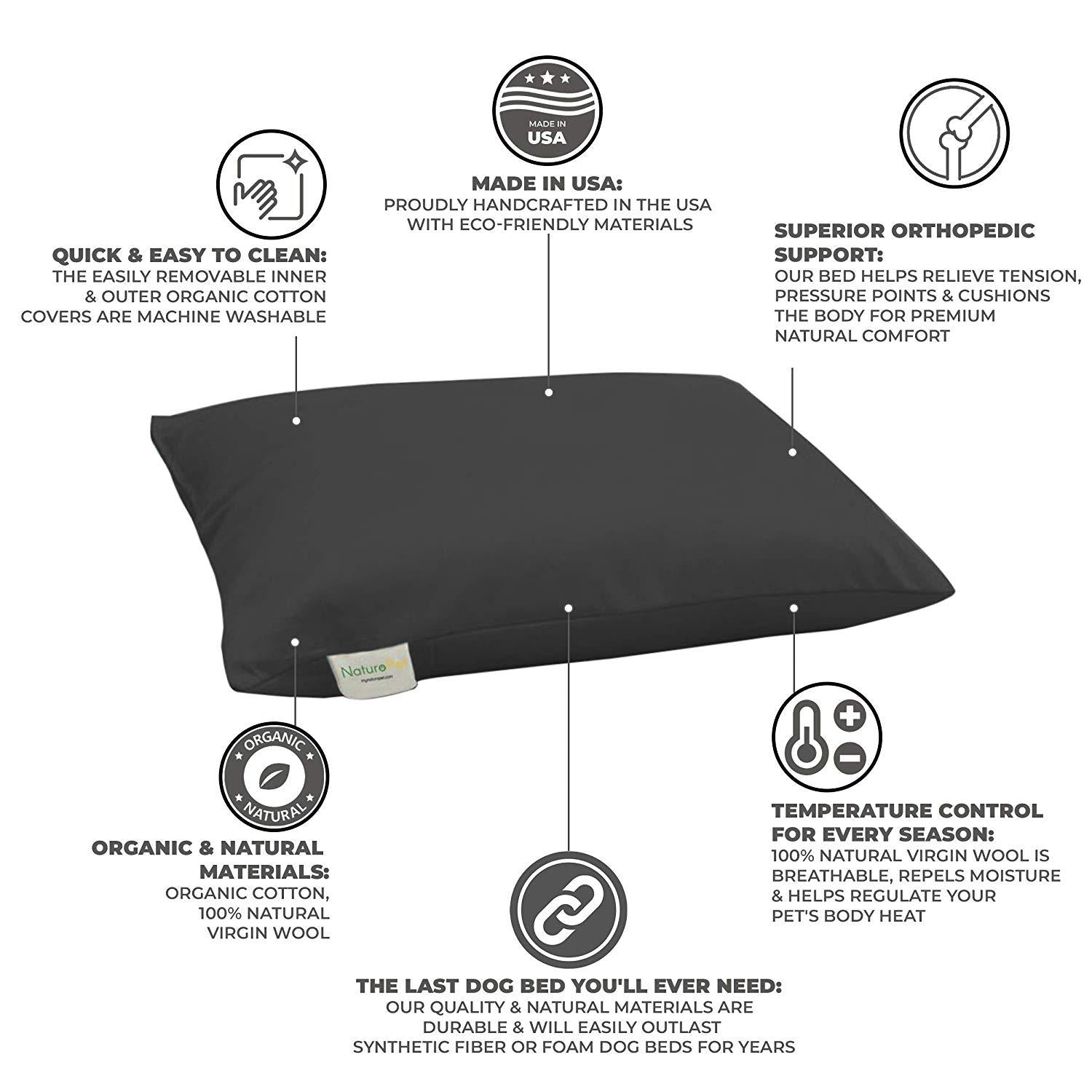 NaturoPet Natural Orthopedic Dog Bed, Premium Organic Cotton &amp; Virgin Wool Soft Cushion Pet Mattress Removable Washable Cover Indoor Durable Chew Resistant Made in USA
