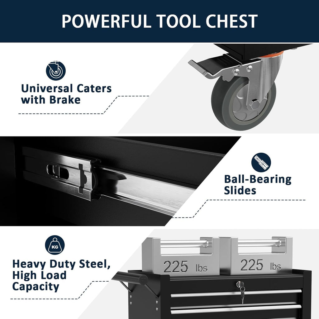 7-Drawer Metal Rolling Tool Chest with Wheels,Tool StoraCabinet with LocSystem，Toolbox with Wheels for Garage,Workshop, Repair Shop(Black, 7-Drawer)