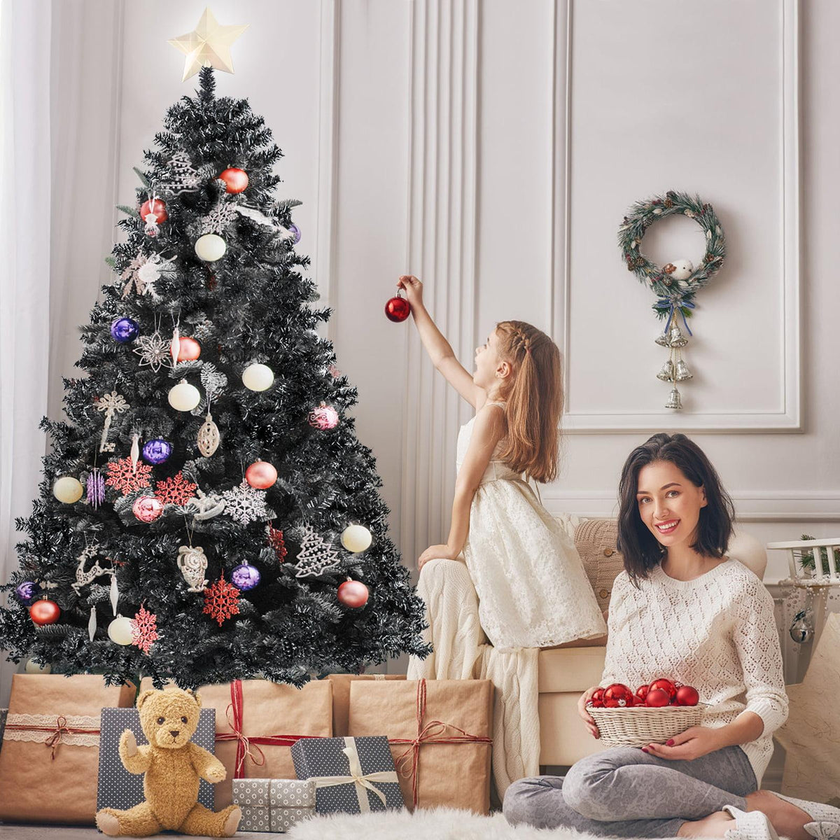 7.5ft Black Christmas Tree, Black Artificial Christmas Tree, 1750 PVC Branch Tips, Classic Xmas Tree with Metal Hinges and Sturdy Metal Stand, Seasonal Holiday Decoration for Home, Office, Party