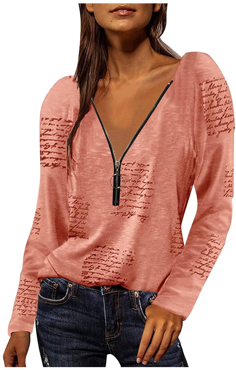 Womens Tops Trendy Women Sexy Zipper Starts Print V Neck Tops Plus Size Blouses Fashion Letter Print T Shirt