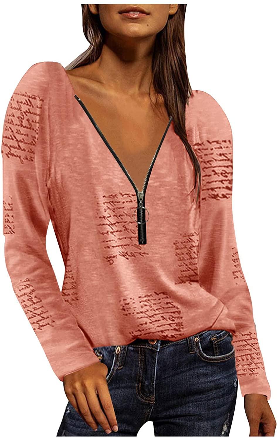 Womens Tops Trendy Women Sexy Zipper Starts Print V Neck Tops Plus Size Blouses Fashion Letter Print T Shirt