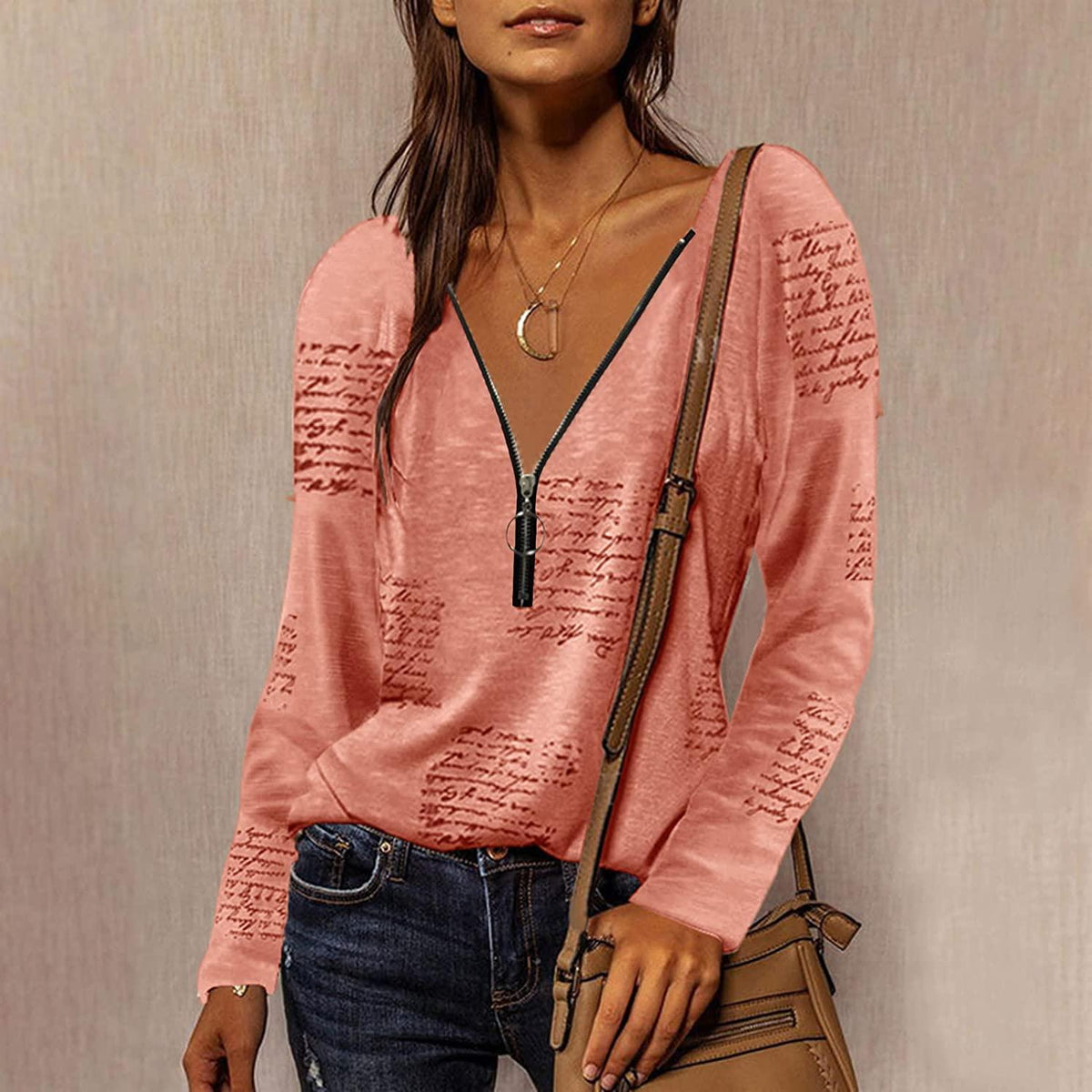 Womens Tops Trendy Women Sexy Zipper Starts Print V Neck Tops Plus Size Blouses Fashion Letter Print T Shirt