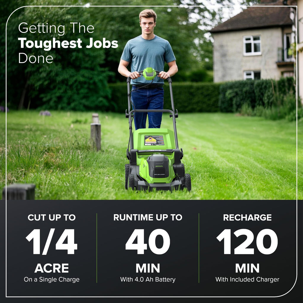 40V 17" Cordless Lawn Mower – Brushless Motor, 4.0Ah Battery &amp; Charger (75+ Compatible Tools), 2-in-1 Mulch/Bag