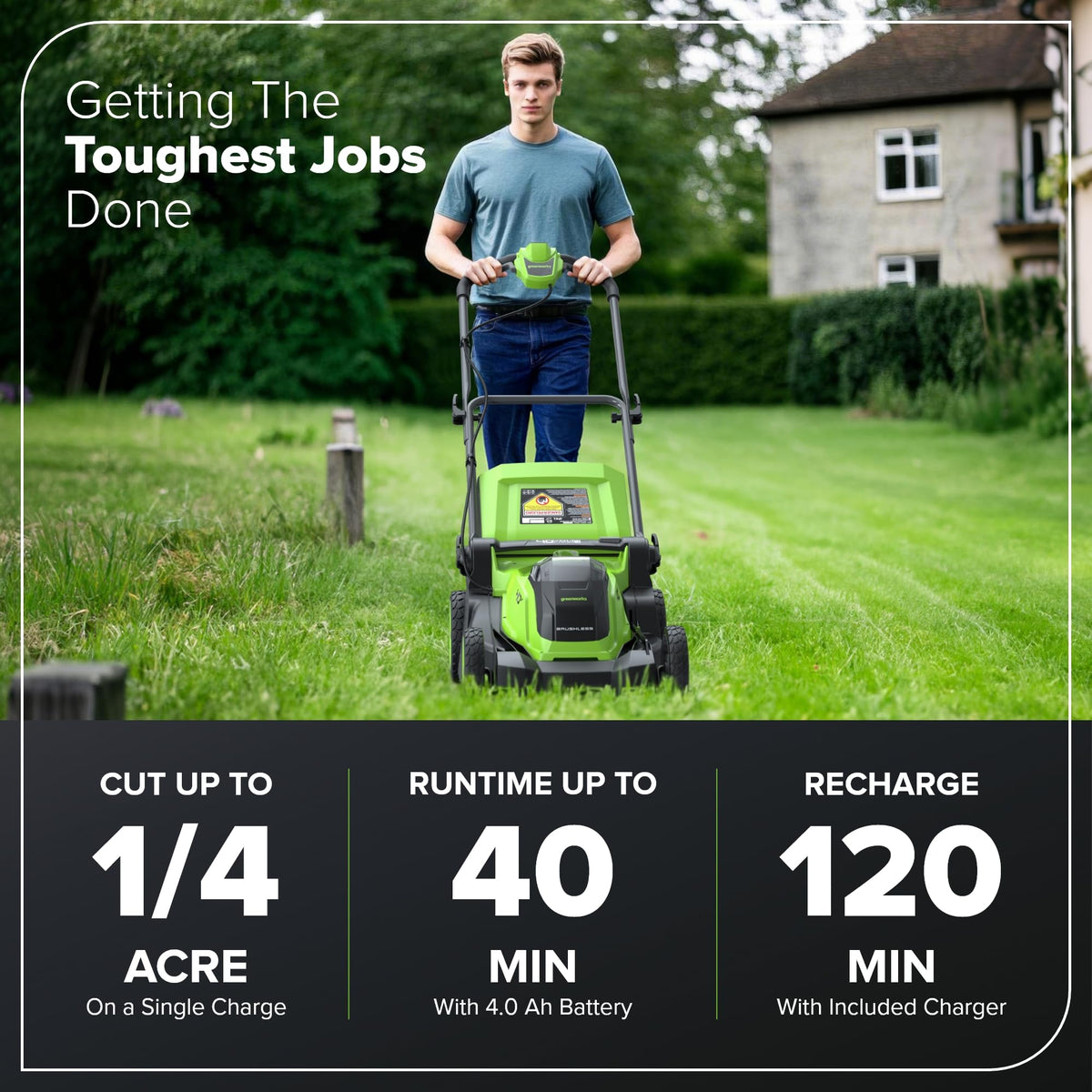 40V 17" Cordless Lawn Mower – Brushless Motor, 4.0Ah Battery &amp; Charger (75+ Compatible Tools), 2-in-1 Mulch/Bag