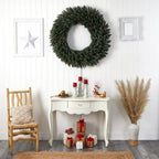 48 in. Prelit LED Large Flocked Artificial Christmas Wreath with Pinecones, Berries, 150 Clear LED Lights