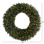 48 in. Prelit LED Large Flocked Artificial Christmas Wreath with Pinecones, Berries, 150 Clear LED Lights