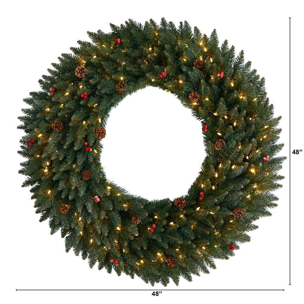 48 in. Prelit LED Large Flocked Artificial Christmas Wreath with Pinecones, Berries, 150 Clear LED Lights