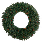 48 in. Prelit LED Large Flocked Artificial Christmas Wreath with Pinecones, Berries, 150 Clear LED Lights
