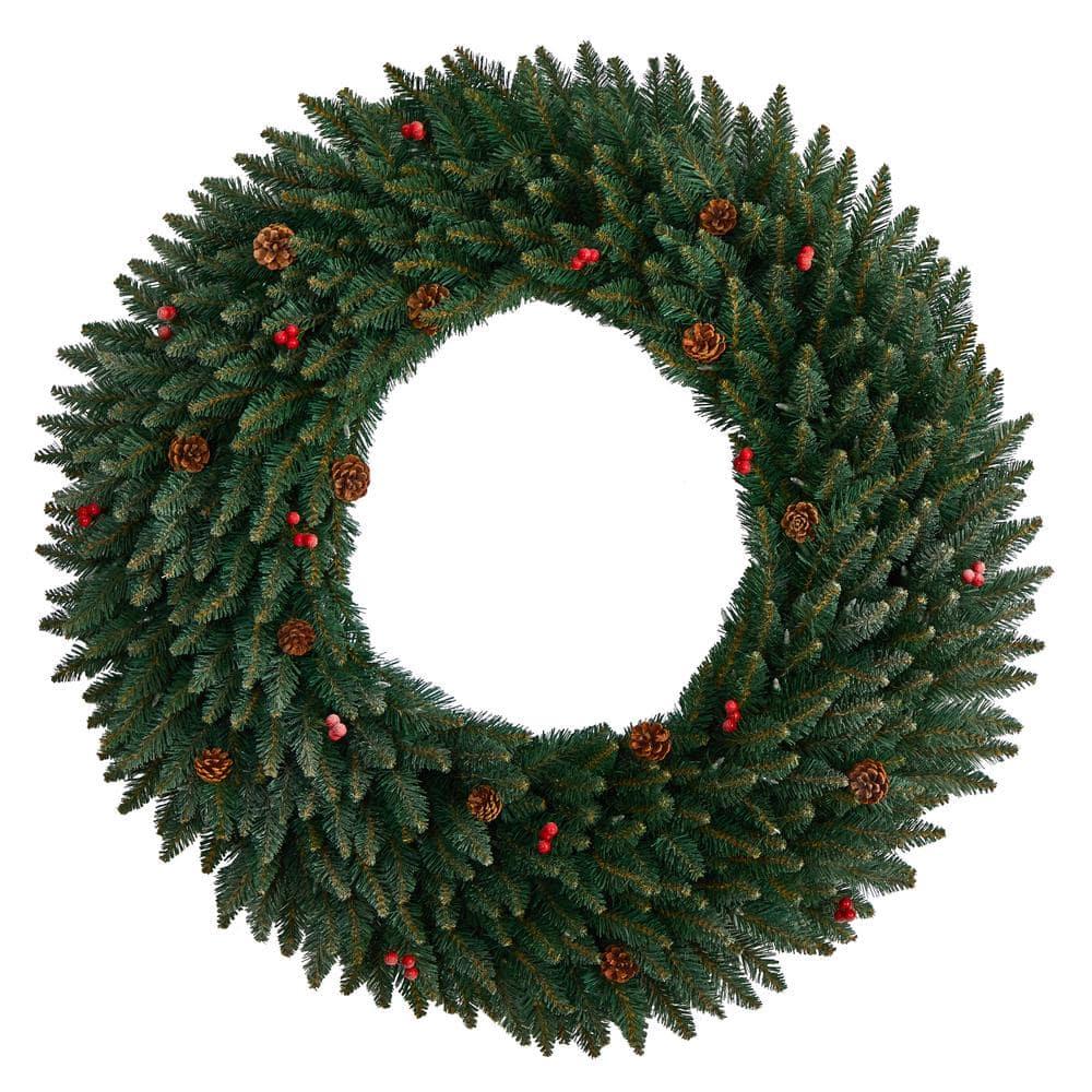48 in. Prelit LED Large Flocked Artificial Christmas Wreath with Pinecones, Berries, 150 Clear LED Lights