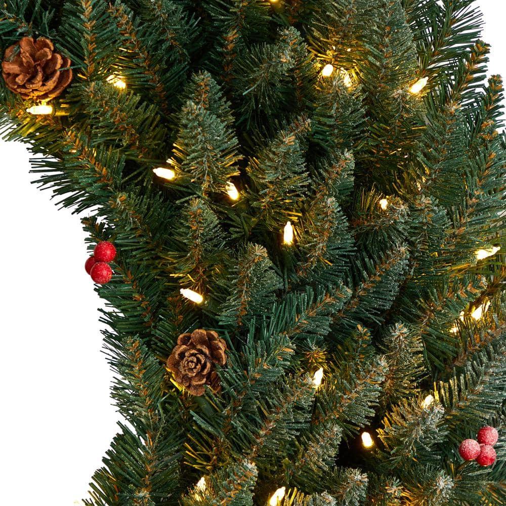 48 in. Prelit LED Large Flocked Artificial Christmas Wreath with Pinecones, Berries, 150 Clear LED Lights