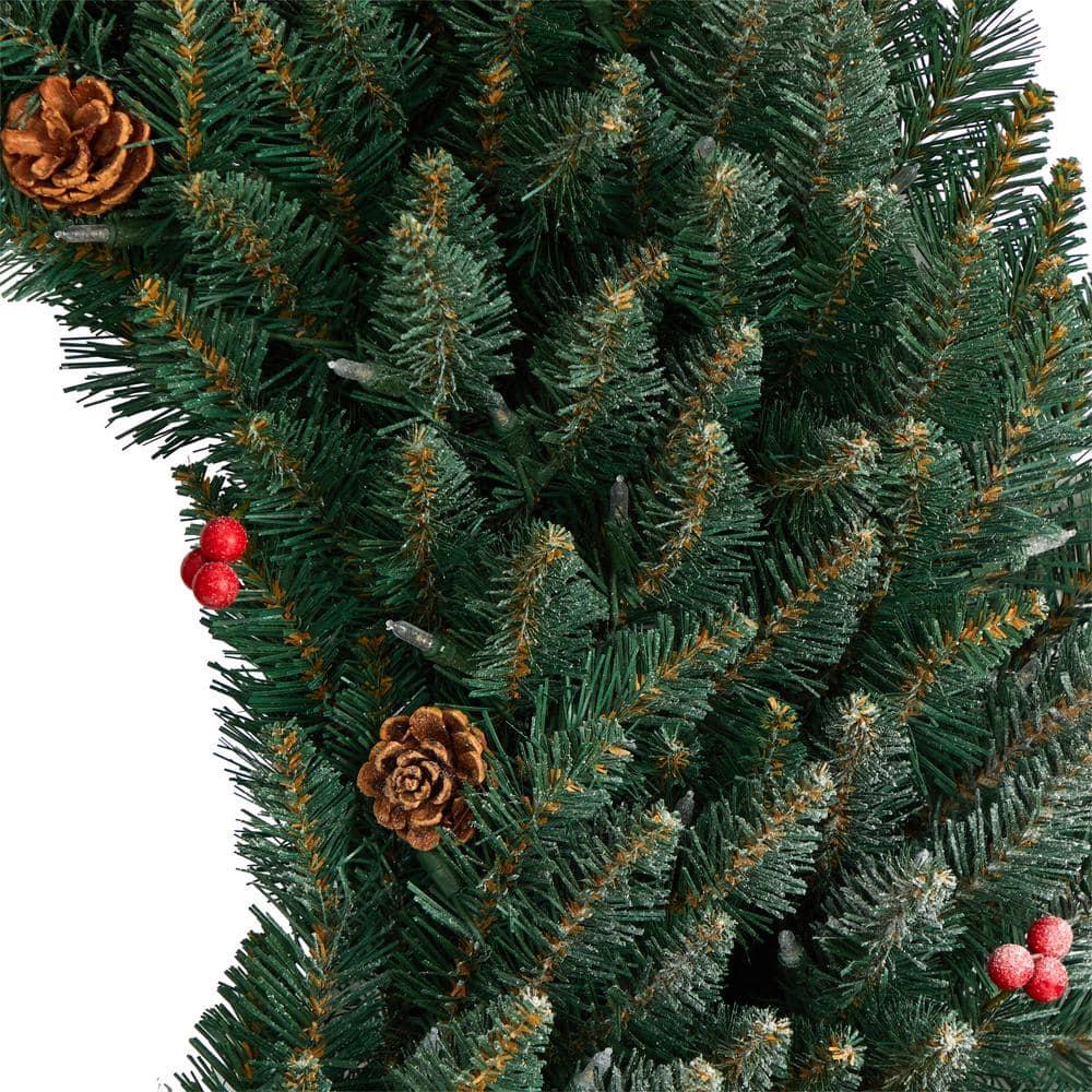 48 in. Prelit LED Large Flocked Artificial Christmas Wreath with Pinecones, Berries, 150 Clear LED Lights