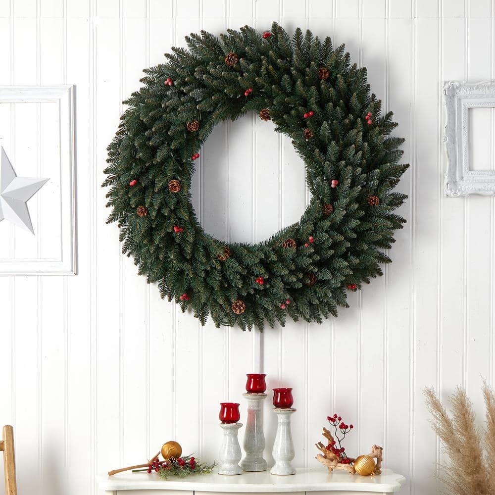 48 in. Prelit LED Large Flocked Artificial Christmas Wreath with Pinecones, Berries, 150 Clear LED Lights