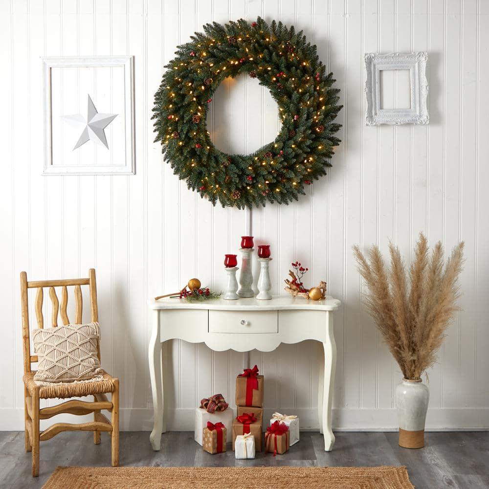 48 in. Prelit LED Large Flocked Artificial Christmas Wreath with Pinecones, Berries, 150 Clear LED Lights