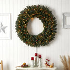 48 in. Prelit LED Large Flocked Artificial Christmas Wreath with Pinecones, Berries, 150 Clear LED Lights