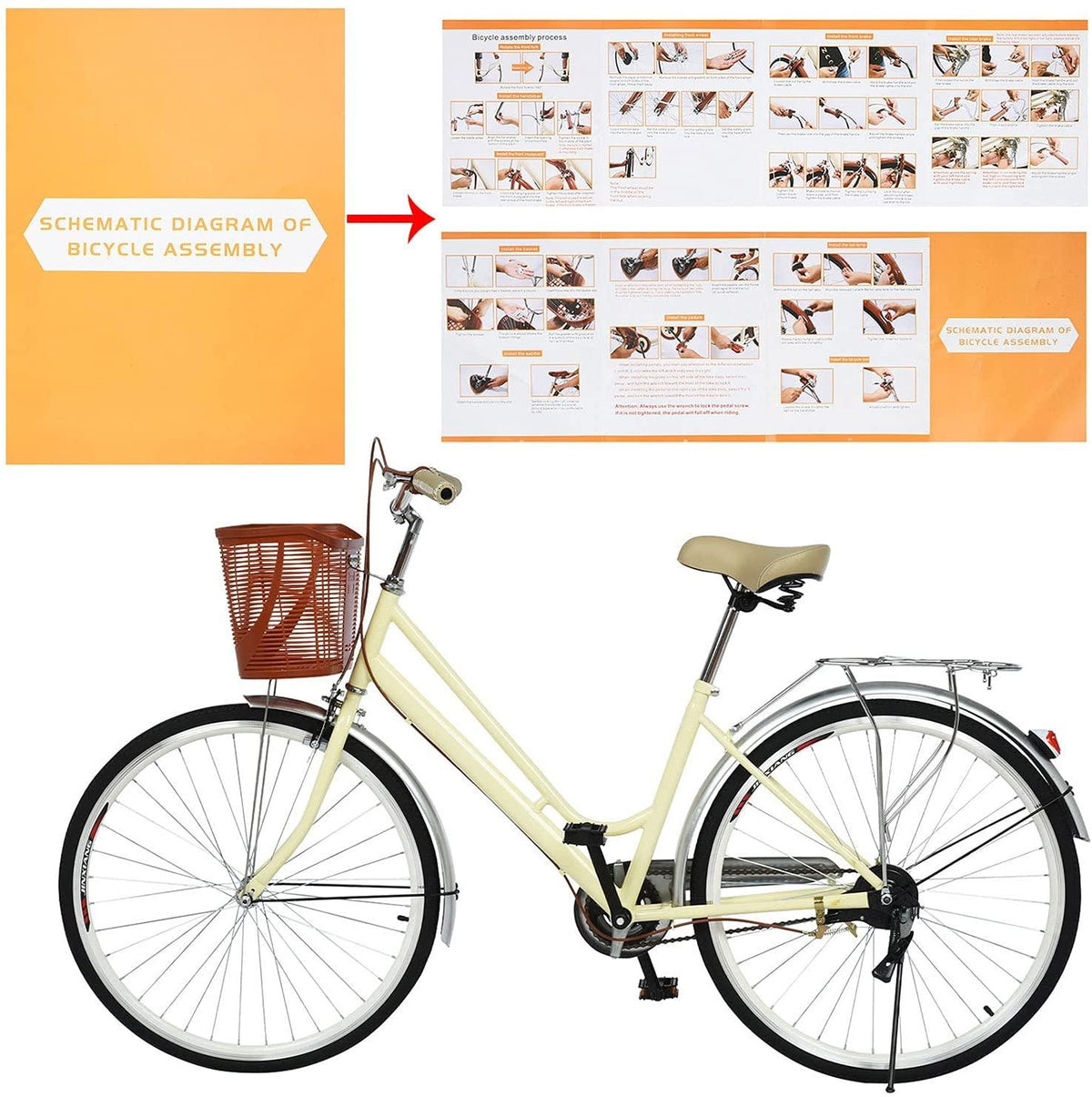 Beach Cruiser Bikes 26 inch Classic Retro Bicycles for Women Comfortable Commuter Bike for Leisure Picnics&amp;Shopping,Road Bike,Women's Seaside Travel Bicycle with Baskets&amp;Rear Racks