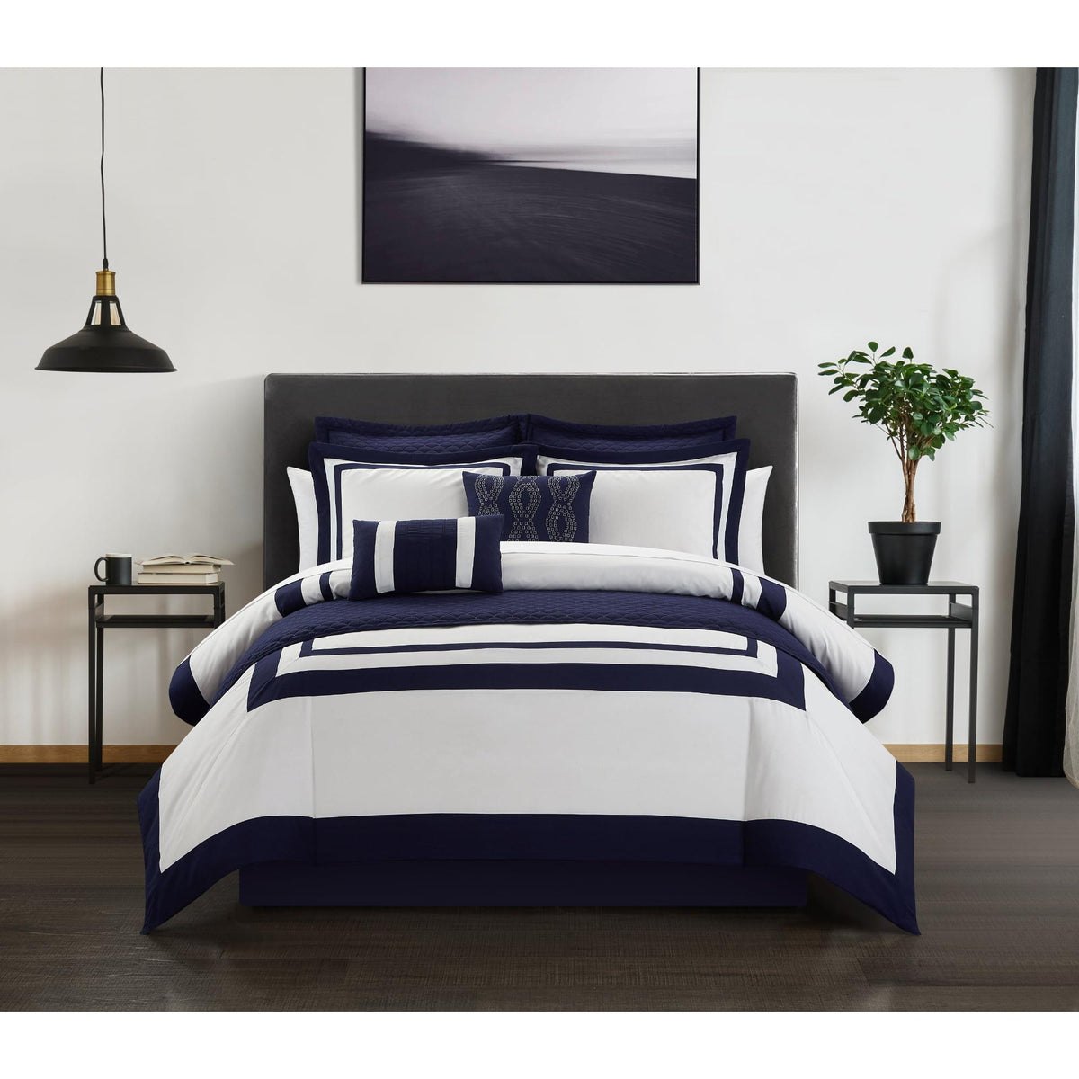 Chic Home Hortense Comforter And Quilt Set Hotel Collection  Fish Scale Pattern Bed In A Bag Navy, Twin - Twin