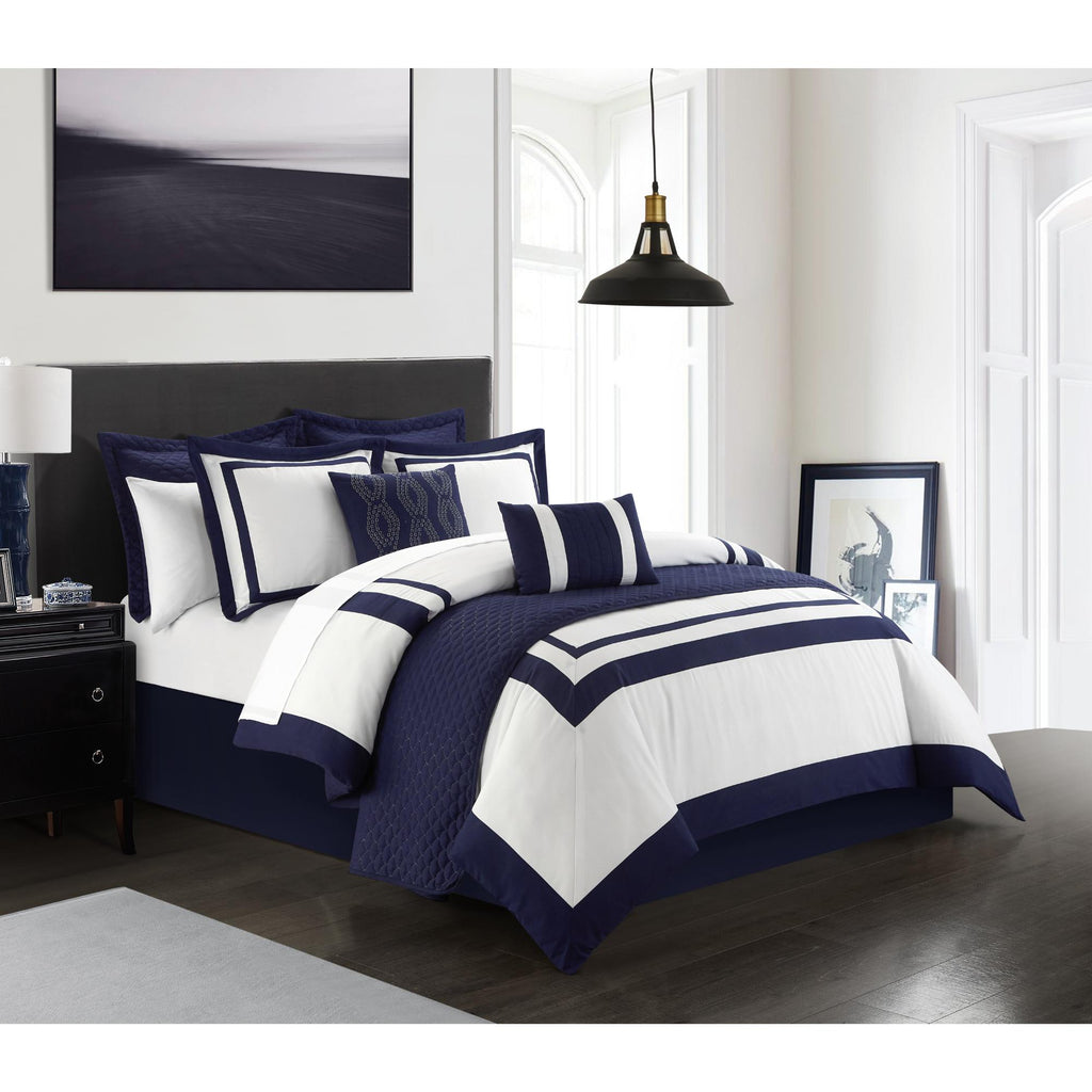 Chic Home Hortense Comforter And Quilt Set Hotel Collection  Fish Scale Pattern Bed In A Bag Navy, Twin - Twin
