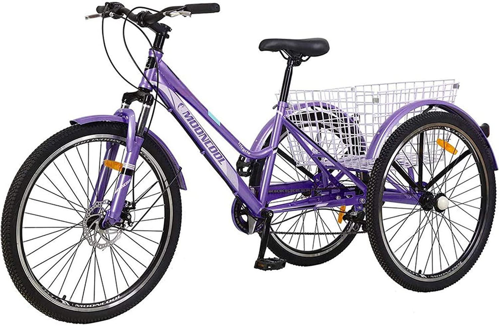 Adult Mountain Tricycle, 7 Speed Three Wheel Bikes for Adults, 24/26/27.5 Inch Trikes Men's Women's Tricycles Cruiser Bike with Disc Brakes, Cargo Basket