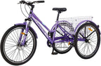 Adult Mountain Tricycle, 7 Speed Three Wheel Bikes for Adults, 24/26/27.5 Inch Trikes Men's Women's Tricycles Cruiser Bike with Disc Brakes, Cargo Basket