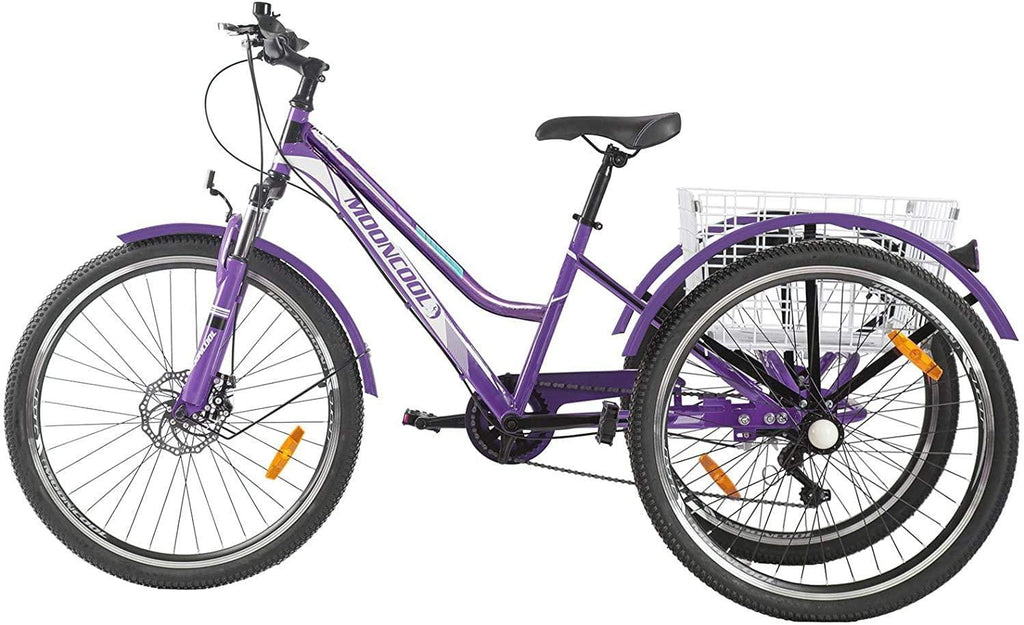 Adult Mountain Tricycle, 7 Speed Three Wheel Bikes for Adults, 24/26/27.5 Inch Trikes Men's Women's Tricycles Cruiser Bike with Disc Brakes, Cargo Basket