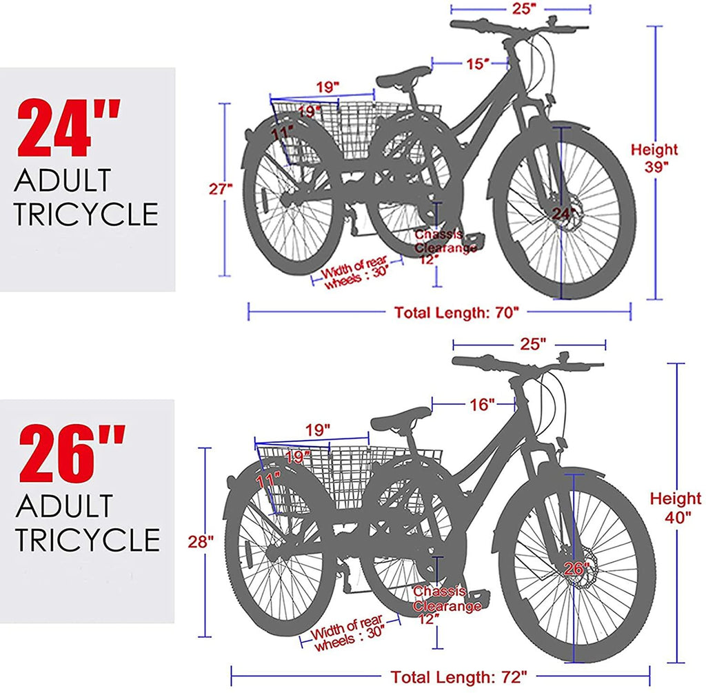 Adult Mountain Tricycle, 7 Speed Three Wheel Bikes for Adults, 24/26/27.5 Inch Trikes Men's Women's Tricycles Cruiser Bike with Disc Brakes, Cargo Basket