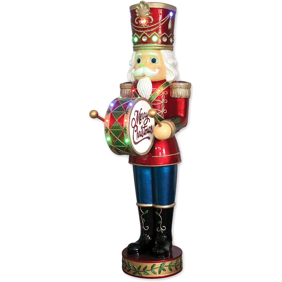 Fraser Hill Farm Indoor/Outdoor Oversized Christmas Decor, 5-Ft. Nutcracker Playing Bass Drum w/ Moving Hands, Music, Timer, and 15 LED Lights