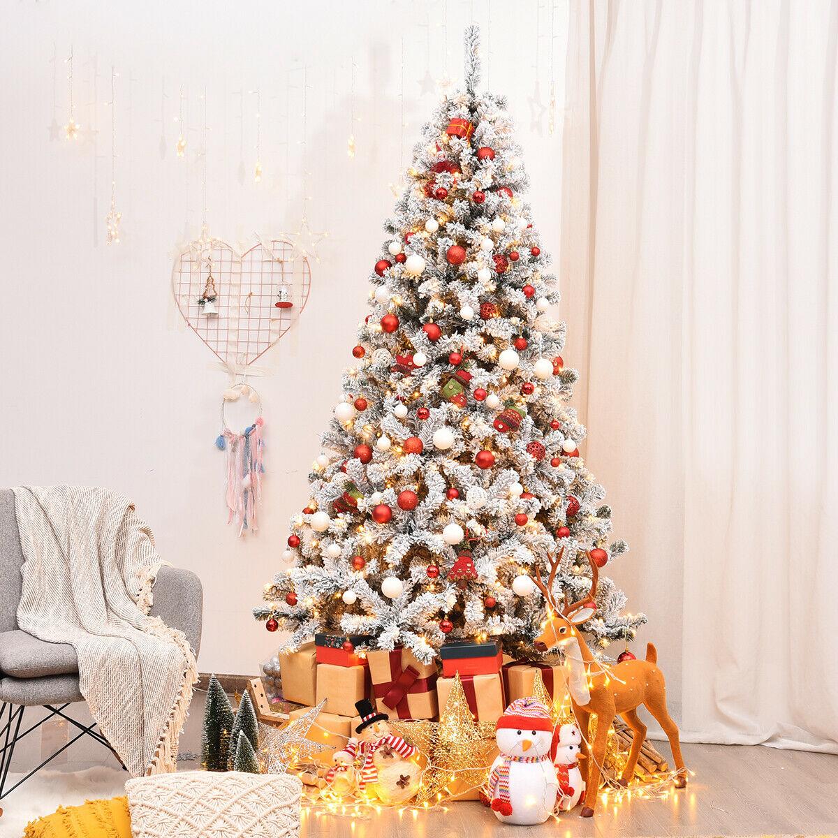 7.5' Pre-Lit Premium Snow Flocked Hinged Artificial Christmas Tree w/ 450 Light