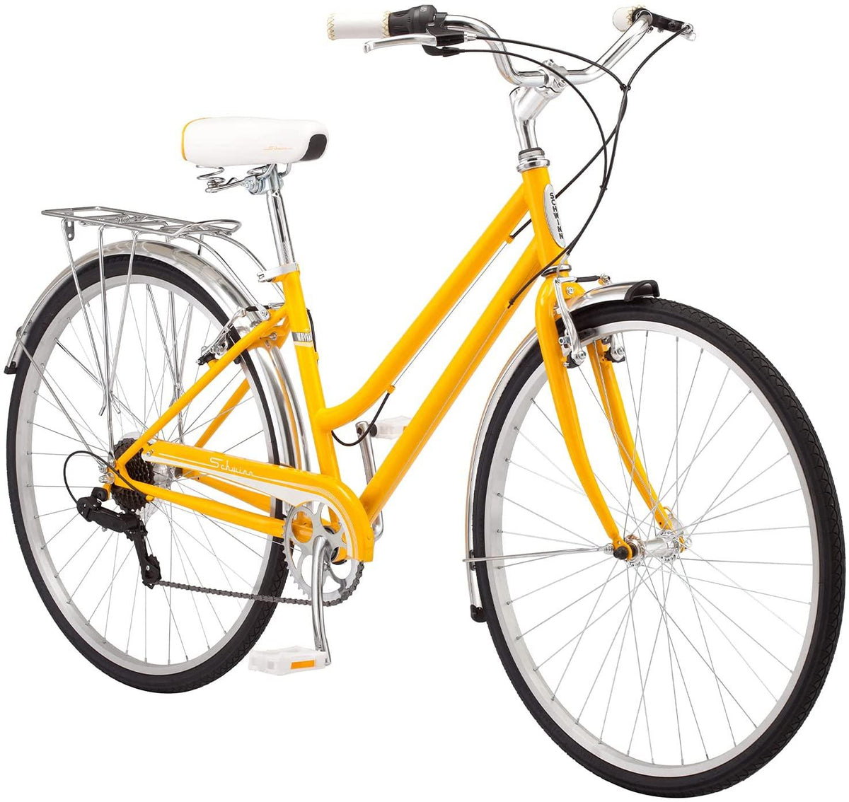 Schwinn Wayfarer Adult Bike Hybrid Retro-Styled Cruiser, 16-Inch/Small Steel Step-Through Frame, 7-Speed Drivetrain, Rear Rack, 700C Wheels, Yellow